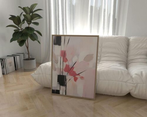 ⁦תמונה לחדר שינה בעיצוב אבסטרקט פרחים בצבע ורוד ונגיעות שחור⁩ – תמונה ⁦3⁩