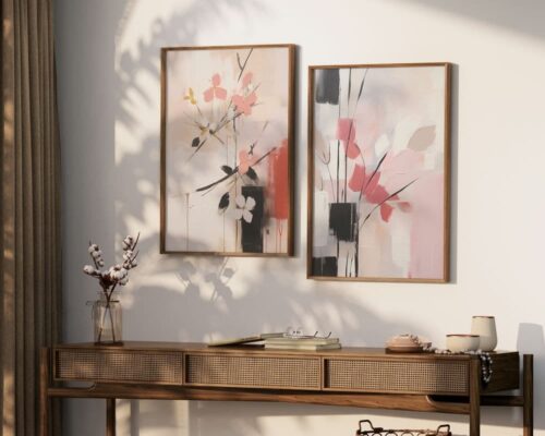 ⁦תמונה לחדר שינה בעיצוב אבסטרקט פרחים בצבע ורוד ונגיעות שחור⁩ – תמונה ⁦4⁩