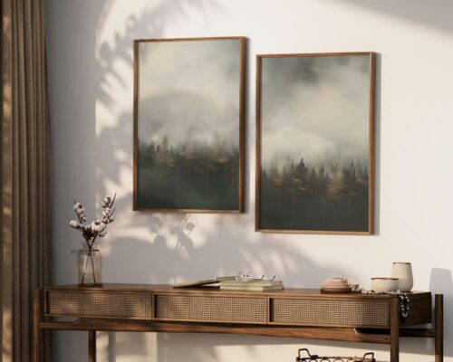 ⁦סט 2 תמונות לסלון בסגנון אבסטרקט יער ירוק וזהב⁩ – תמונה ⁦4⁩