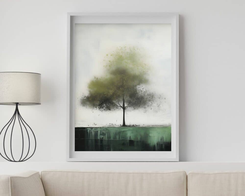 ציור ממוסגר, שכותרתו "תמונה למשרד נוסח אבסטרקט ציור עץ מופשט", מציג עץ בודד עם חופה ירוקה וצהבהבה הניצבת על שדה דשא. הרקע מציג שמים בהירים, עמומים עם שיפוע רך. היצירה תלויה על קיר לבן מעל ספה בז', מלווה במנורה מודרנית משמאל.
