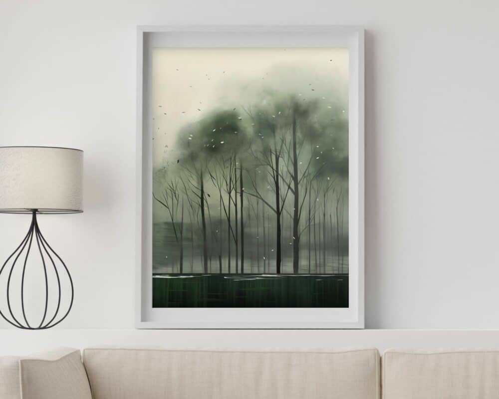 אמנות קיר אנכית שכותרתה "תמונה למשרד נוסח אבסטרקט יער חורפי בירוק כהה" המתארת סצנת יער עם עצים גבוהים ודקים על רקע ירוק מעורפל ומאופק. היצירה ממוסגרת בלבן ותלויה מעל ספה בז'. משמאל לתמונה מנורה מודרנית הכוללת גוון לבן ובסיס מסגרת חוט.