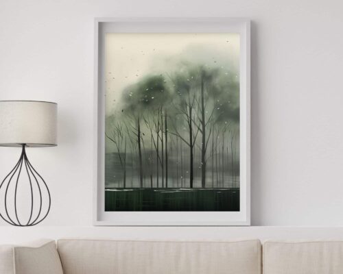 אמנות קיר אנכית שכותרתה "תמונה למשרד נוסח אבסטרקט יער חורפי בירוק כהה" המתארת סצנת יער עם עצים גבוהים ודקים על רקע ירוק מעורפל ומאופק. היצירה ממוסגרת בלבן ותלויה מעל ספה בז'. משמאל לתמונה מנורה מודרנית הכוללת גוון לבן ובסיס מסגרת חוט.