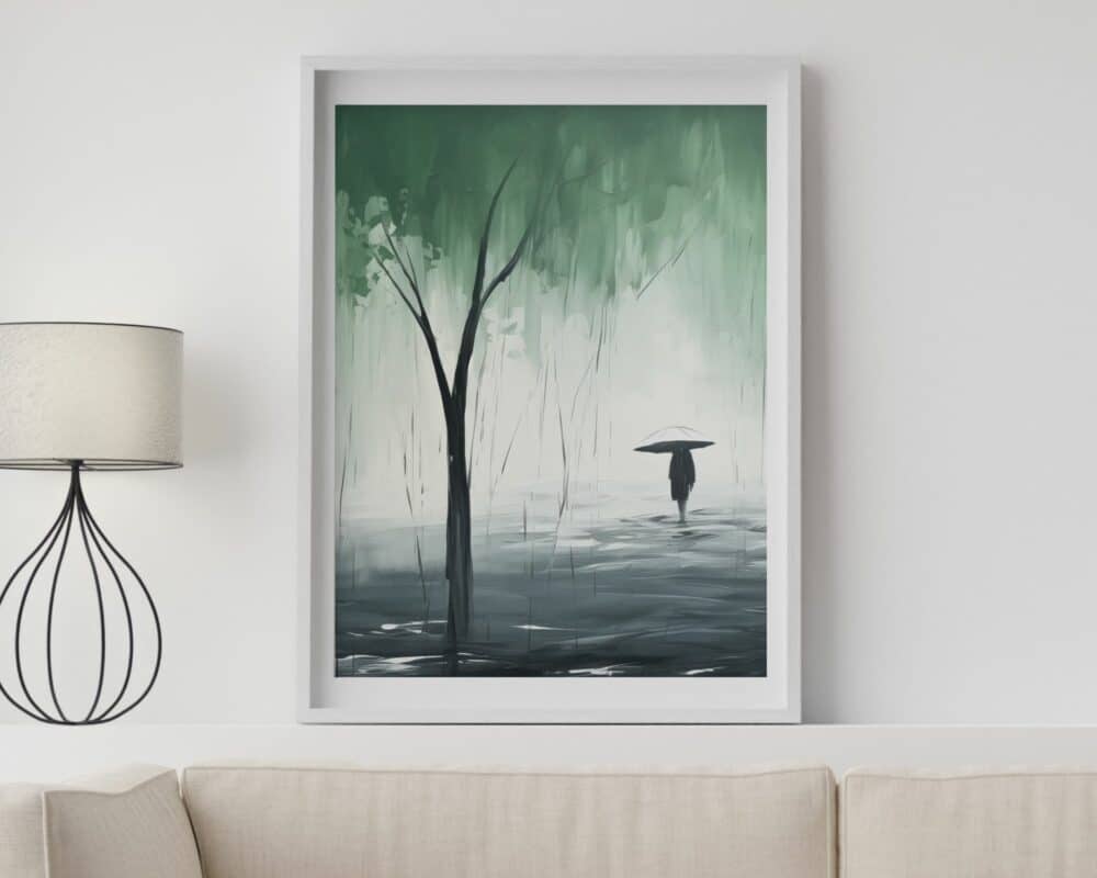 ציור ממוסגר תלוי על קיר לבן מעל ספה בצבע בז' בהיר. יצירת האמנות, שכותרתה "תמונה לחדר שינה נוסח אבסטרקט דמות הולכת ביער גשום ירוק", מתארת דמות בודדה אוחזת מטריה, עומדת מתחת לעץ בנוף גשום ומעורפל. נראית גם מנורה מודרנית עם גוון לבן ובסיס מסגרת חוט שחור.