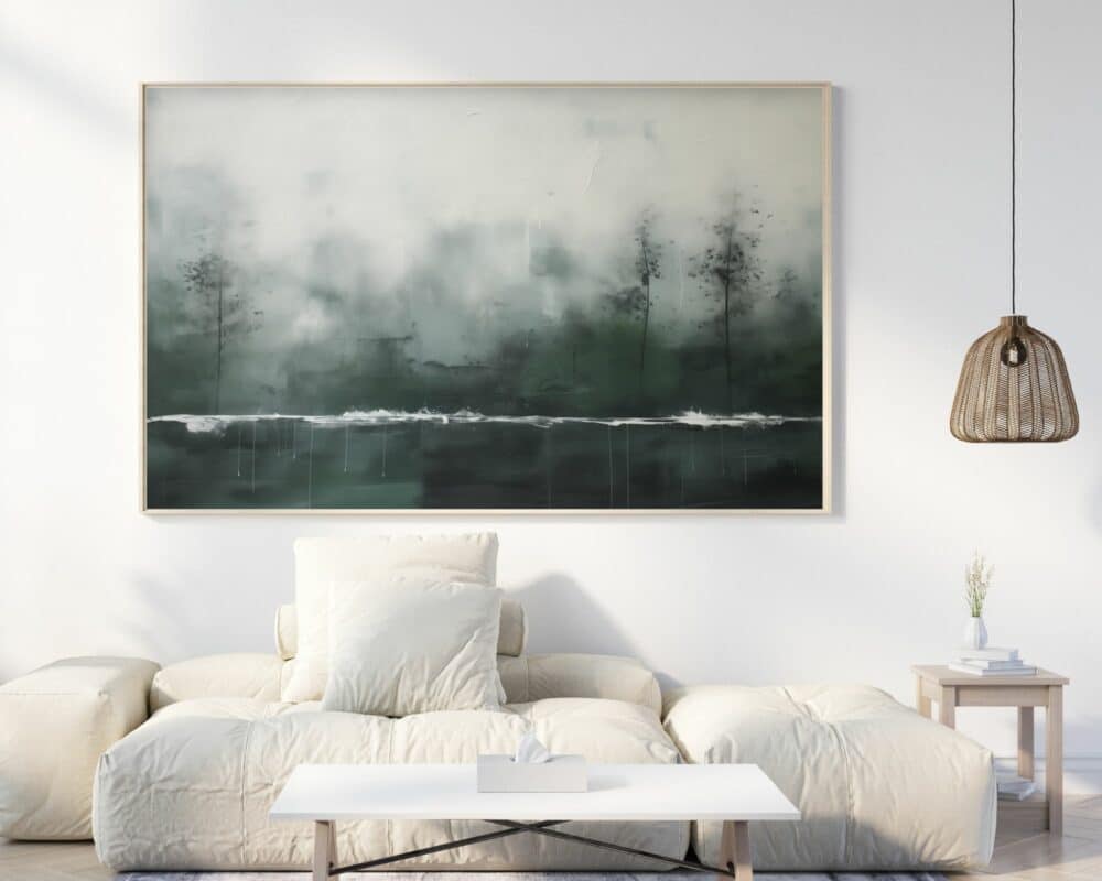 סלון מינימליסטי כולל ציור גדול ומופשט של יער חורפי ירוק כהה מעל ספה רכה בצבע שמנת עם כריות מרובות. שולחן קפה קטן ולבן נמצא בחזית הספה, ותאורת תליון נצרים תלויה מהתקרה. שולחן צד קטן מחזיק אגרטל עם פרחים.