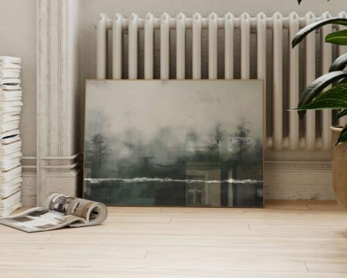 ⁦תמונה מעל המיטה בסגנון אבסטרקט יער חורפי בירוק כהה⁩ – תמונה ⁦2⁩