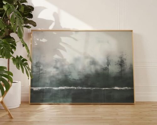 ⁦תמונה מעל המיטה בסגנון אבסטרקט יער חורפי בירוק כהה⁩ – תמונה ⁦3⁩