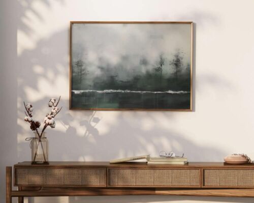 ⁦תמונה מעל המיטה בסגנון אבסטרקט יער חורפי בירוק כהה⁩ – תמונה ⁦4⁩