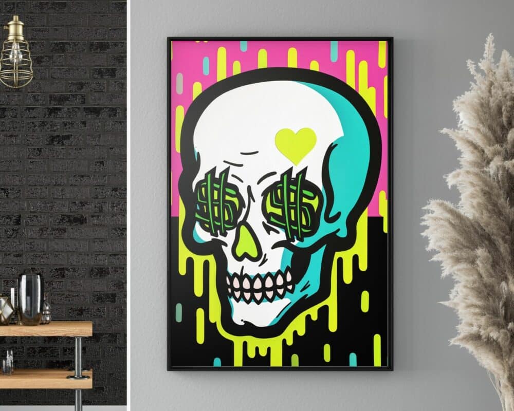 יצירת פופ ארט תוססת וממוסגרת בשם "תמונה לחדר נוער נוסח פופ ארט גולגולת צבעונית ניאון" מעטרת את הקיר, מציגה גולגולת עם שלטי דולר ירוקים ניאון בארובות העיניים שלה ולב צהוב על רקתה. הרקע עובר מורוד לצהוב עם דוגמאות צבע נוטפות. בסמוך, יש צמח ומדף קטן.