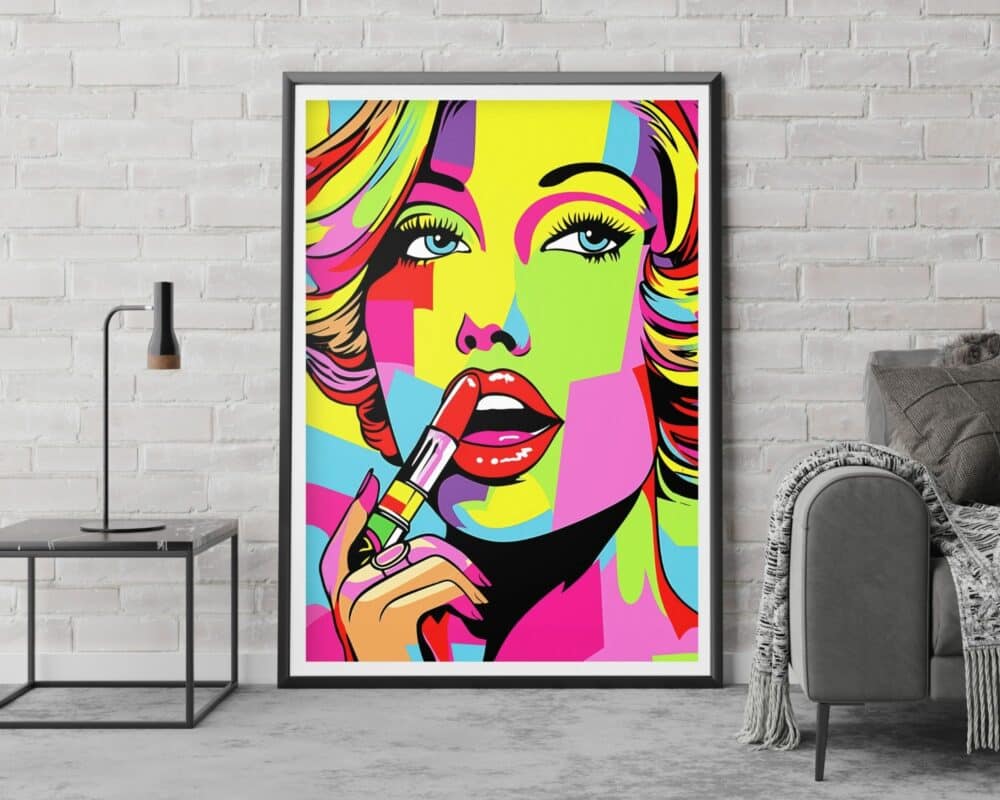 מוצגת תמונה לחדר נוער עיצוב נוסח פופ ארט אישה שמה אודם בצבעוני, מציגה אישה המורחת שפתון אדום עם גוונים מרהיבים ודוגמאות גיאומטריות מודגשות בגווני צהוב, ירוק, ורוד וכחול. יצירות האמנות הממוסגרות ממוקמות באלגנטיות על קיר לבנים לבנים לצד ספה אפורה ושולחן צד שחור ואלגנטי.