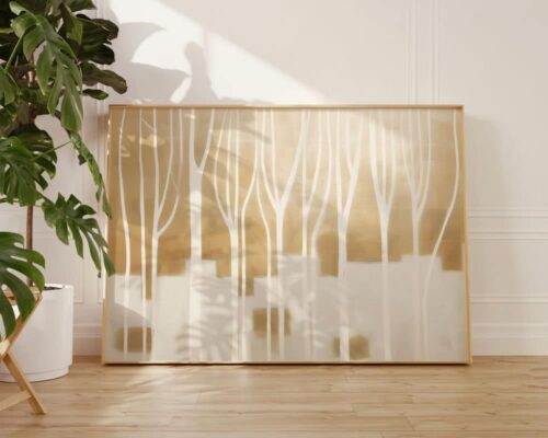 ⁦תמונה מעל המיטה בסגנון אבסטרקט ענפים על רקע זהב ולבן⁩ – תמונה ⁦3⁩