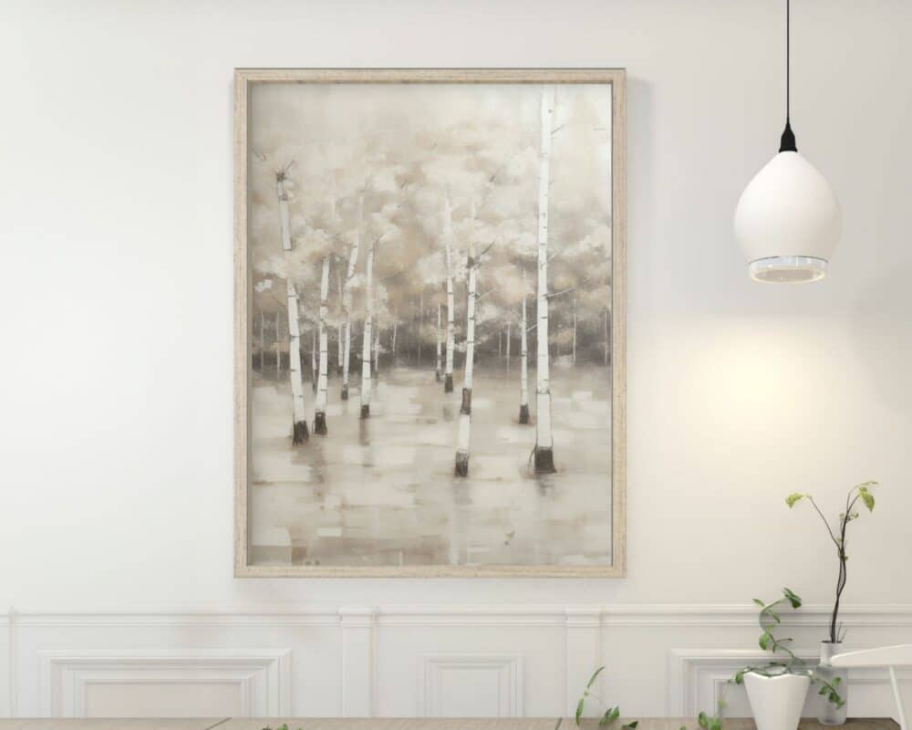 ציור ממוסגר בשם "תמונה לפינת אוכל נוסח מופשט יער שקט בחורף" המתאר יער חורפי שקט תלוי על קיר לבן. לעצי הלבנה יש קליפה לבנה עם סימנים שחורים, על רקע רך ומושתק. אור תליון מודרני תלוי מימין, וכמה צמחים ירוקים מונחים על מדף מתחת.