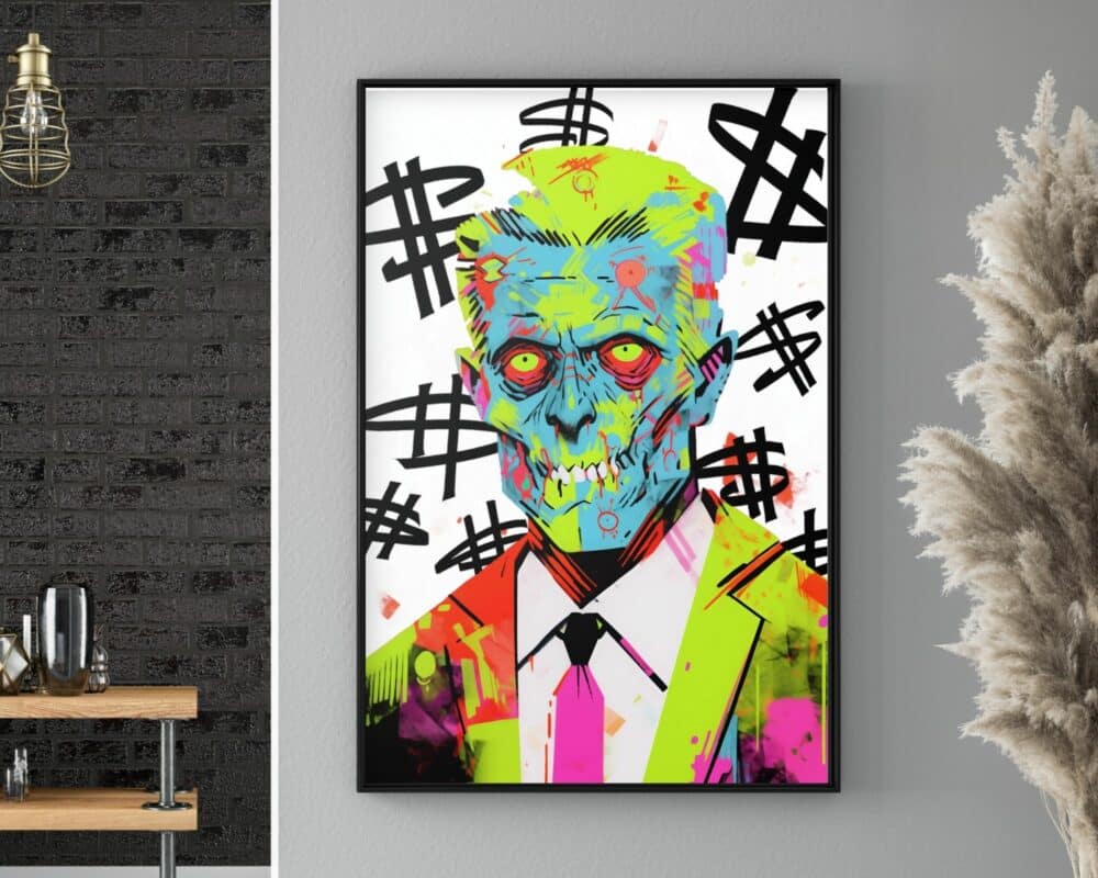 תמונה ממוסגרת בסגנון לחדר נוער פופ ארט בוס זומבי צבעוני על קיר אפור מתארת דמות צבעונית דמוית זומבים בחליפה עם פנים ירוקות בוהקות ועיניים אדומות. ברקע פזורים שלטי דולר. משמאל מבט חלקי של קיר לבנים שחורות ומדף עץ, ומימין סידור של דשא פמפס.