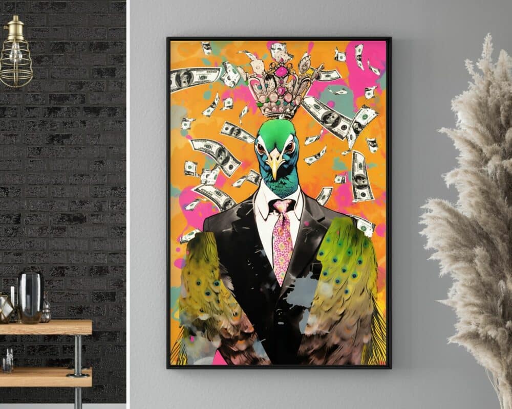התמונה הממוסגרת בסגנון לחדר נוער פופ ארט הטווס המיליונר על קיר אפור מתארת דמות אדם עם ראש טווס, עוטה חליפה ועניבה ועונדת כתר מעוטר בתכשיטים. כתמים צבעוניים ושטרות דולרים מעופפים משמשים כרקע. הסצנה האקלקטית והתוססת מתעוררת לחיים באמצעות יצירת האמנות הייחודית הזו.