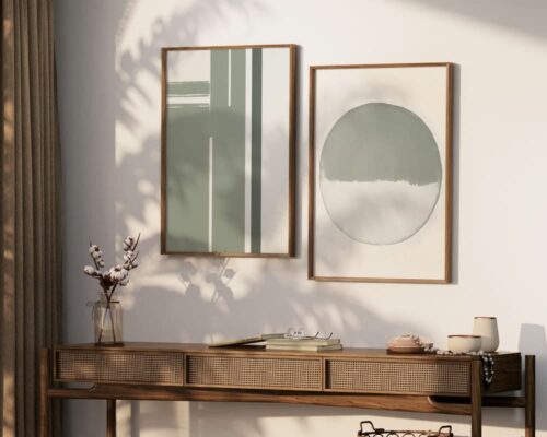 ⁦תמונה לחדר שינה בסגנון מינימליסטי עיגול בצבע לבן וירוק מרווה⁩ – תמונה ⁦4⁩