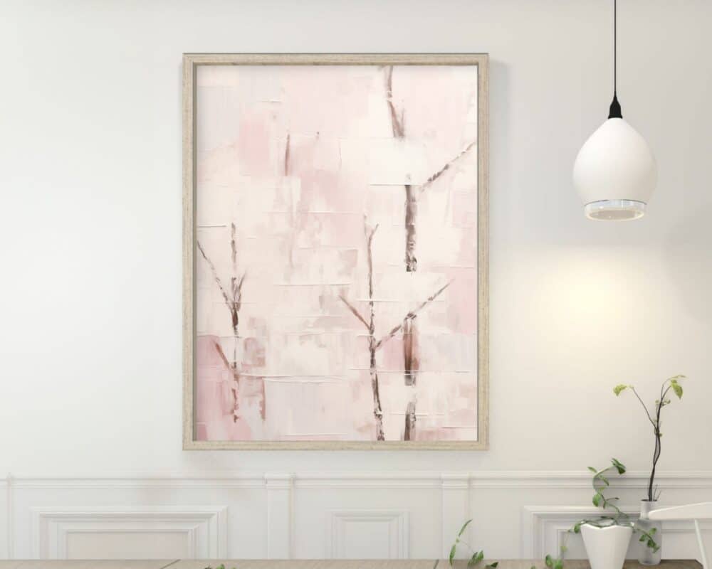תמונה לחדר שינה נוסח אבסטרקט ענפים על רקע מופשט ורוד דגם א' תלוי על קיר לבן, נראים קווים אבסטרקטיים המזכירים ענפי עץ. בצד ימין נראה תלוי מנורת תלייה לבנה ובפינה הימנית התחתונה יש עציץ ירוק המונח על השולחן.