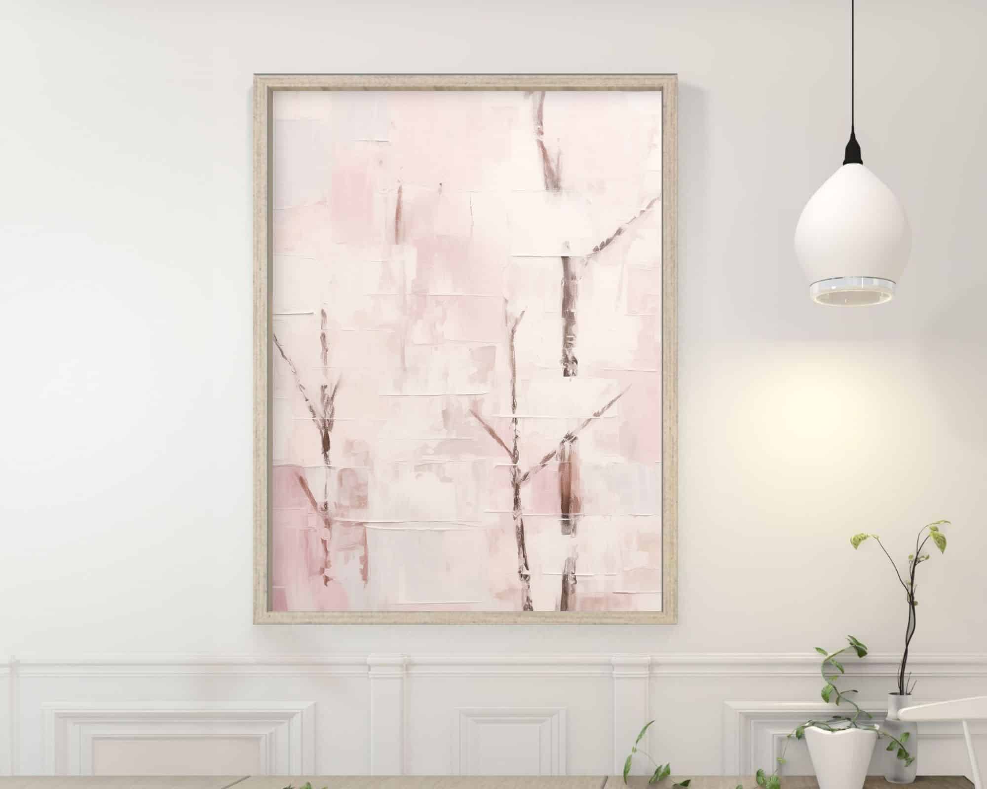 2502mo1 תמונה לחדר שינה נוסח אבסטרקט ענפים על רקע מופשט ורוד דגם א' תלוי על קיר לבן, נראים קווים אבסטרקטיים המזכירים ענפי עץ. בצד ימין נראה תלוי מנורת תלייה לבנה ובפינה הימנית התחתונה יש עציץ ירוק המונח על השולחן.