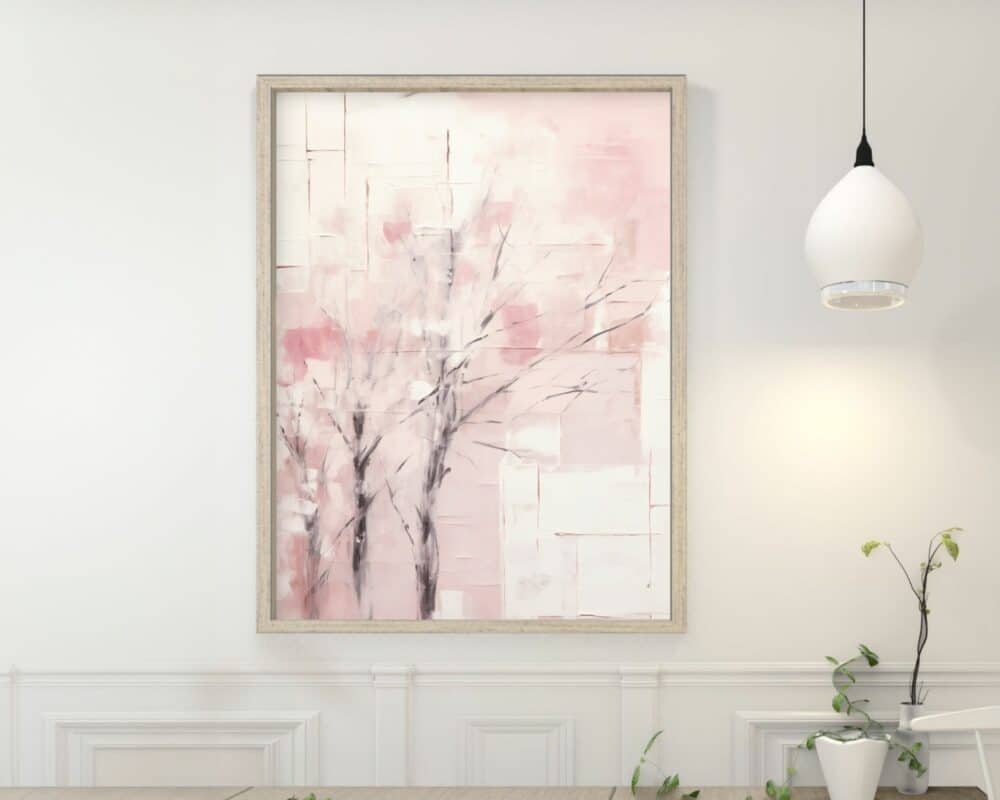 פנים מינימליסטי כולל יצירות אמנות ממוסגרות צמודות לקיר, "תמונה לחדר שינה נוסח אבסטרקט ענפים על רקע ורוד ולבן", מציגה גוונים רכים של ורוד ולבן עם שני עצים מופשטים. בסמוך תלויה מהתקרה תאורת תליון מודרנית, וצמח עלים מוצב על מדף מתחת לציור.