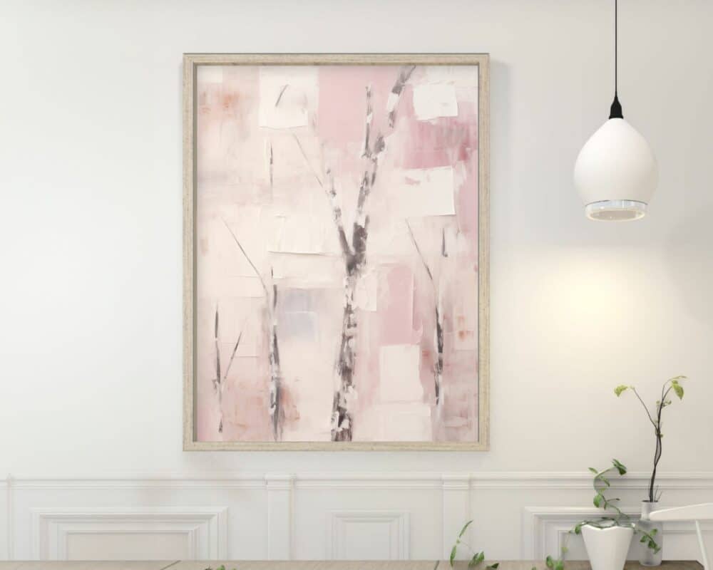 יצירה ממוסגרת של אמנות אבסטרקטית, שכותרתה "תמונה לחדר שינה על נוסח אבסטרקט ענפים רקע מופשט ורוד דגם ב'", הכוללת גווני פסטל בוורוד ולבן, מעטרת קיר לבן. מתחת לציור יושב צמח ירוק קטן עם גפנים נגררות. מימין תלויה מהתקרה פנס תליון לבן עם גוף שחור.