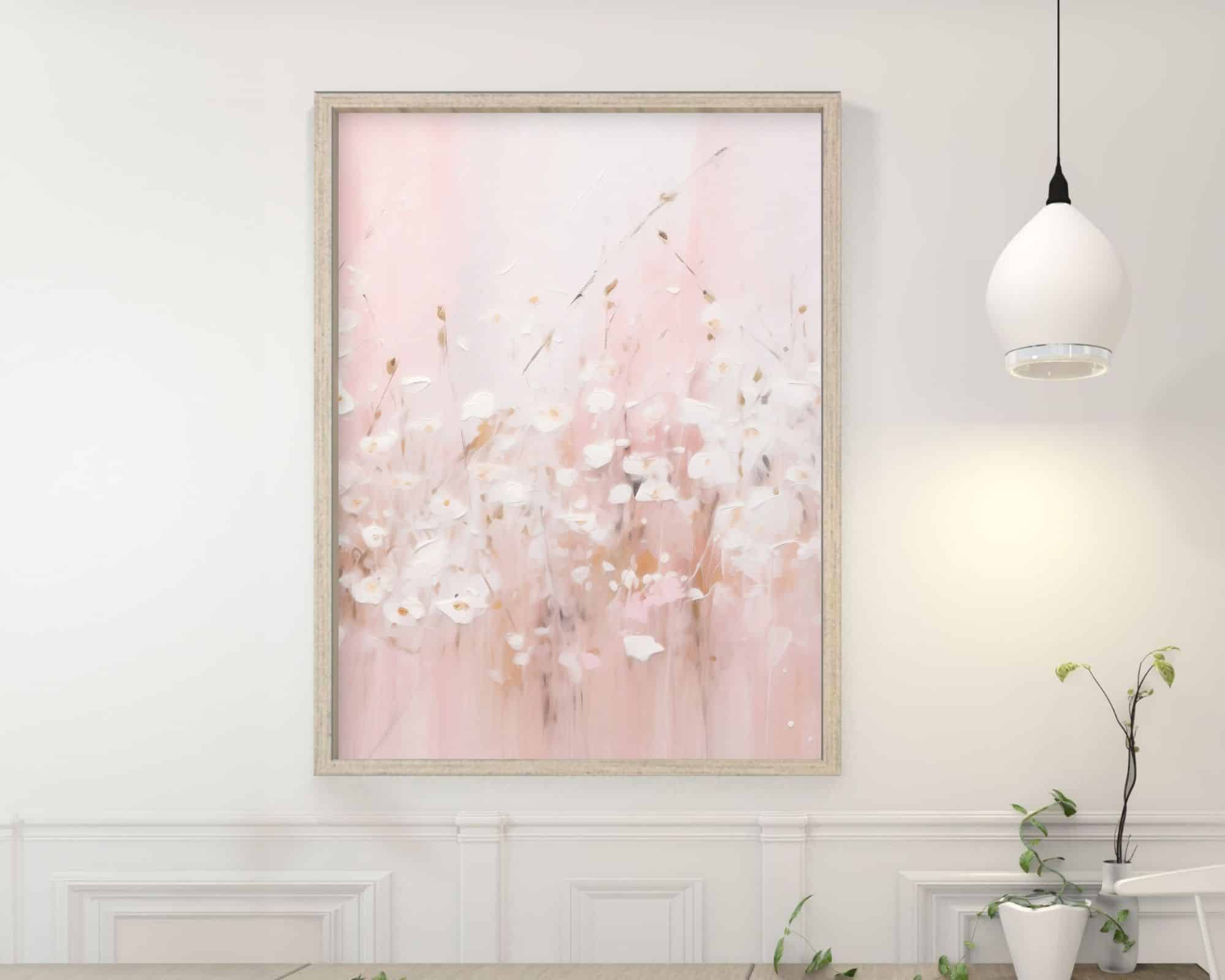 2505mo1 ציור ממוסגר שכותרתו "תמונה לחדר שינה נוסח אבסטרקט פרחים לבנים על רקע ורוד" מעטר קיר בהיר. אור תליון לבן מודרני וצמח ירוק קטן נראים בפינה, ומוסיפים נופך עכשווי לאווירה השלווה והאלגנטית.