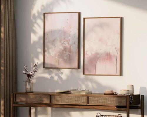 ⁦תמונה לחדר שינה בסגנון אבסטרקט פרחים לבנים על רקע ורוד⁩ – תמונה ⁦4⁩