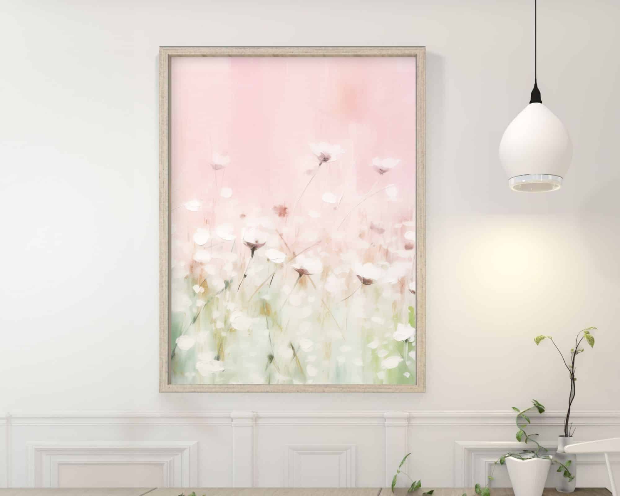 2506mo1 ציור ממוסגר שכותרתו "תמונה לחדר שינה נוסח מופשט נוף פרחים ורוד באביב", הכולל פרחים לבנים עם גבעולים ירוקים על רקע ורוד, תלוי על קיר בגוון בהיר. פנס תליון מודרני תלוי בקרבת מקום, וצמח עם גפנים נגררות יושב על שולחן מתחת לאמנות. קיר מחוספס מוסיף פרטים קלאסיים לחדר.