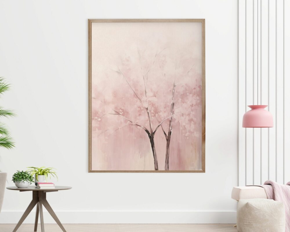 סלון מינימליסטי כולל ציור ממוסגר של פריחת דובדבן ורודה, בשם תמונה לחדר סגנון נוסח אבסטרקט שקדיה פורחת בורוד עדין, על הקיר. החדר כולל שולחן עגול קטן עם עציץ, מנורת תליון ורודה וכורסא לבנה עם כרית בז'. הקירות והרצפה הלבנים תורמים לאווירה השלווה.