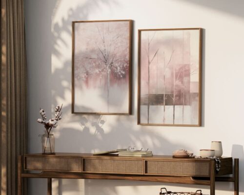 ⁦תמונה לחדר שינה בסגנון אבסטרקט עץ פורח בורוד ולבן⁩ – תמונה ⁦4⁩