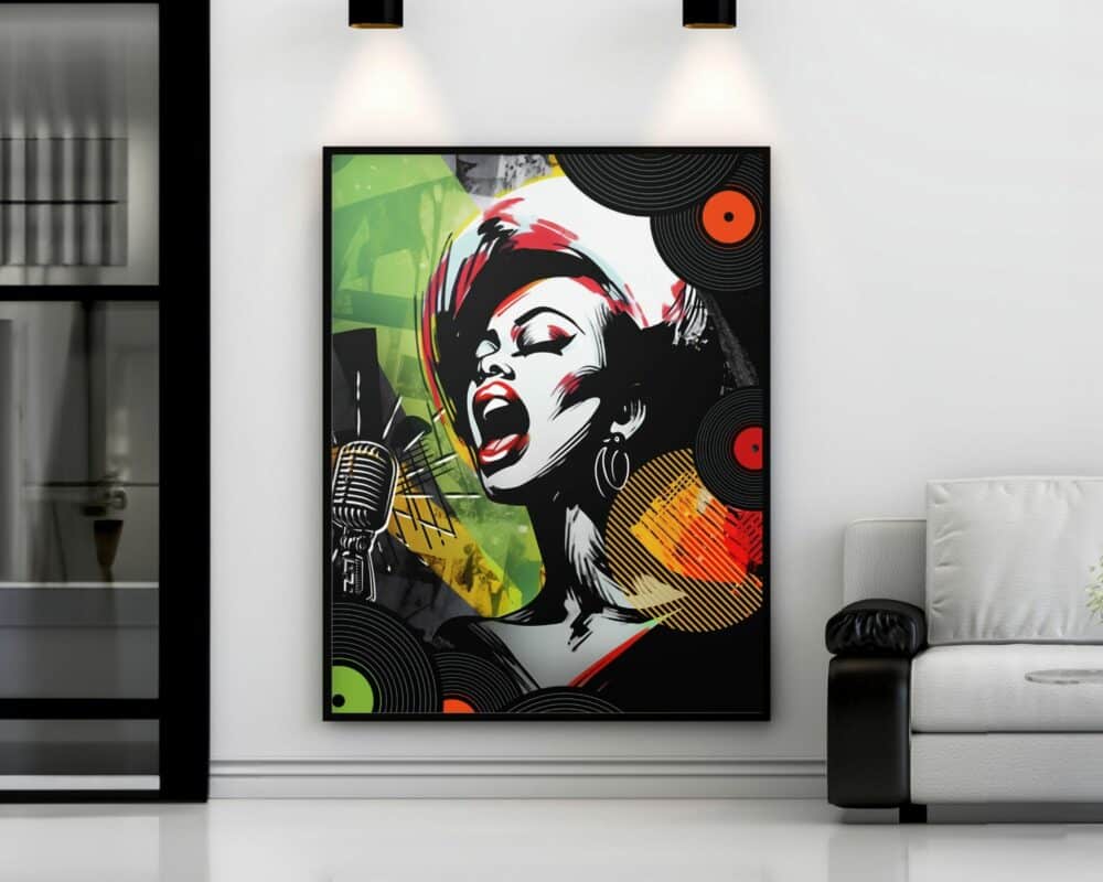 ציור תוסס וצבעוני מקולקציית "תמונה לחדר נוער נוסח פופ ארט זמרת דיסקו" המתאר אישה שרה בלהט לתוך מיקרופון וינטג' מעטר את הקיר הלבן של סלון מודרני ומינימליסטי. הצבעים העזים והקווים הדינמיים של הגרפיקה מספקים ניגוד בולט לעיצוב החלק והנייטרלי של החדר.