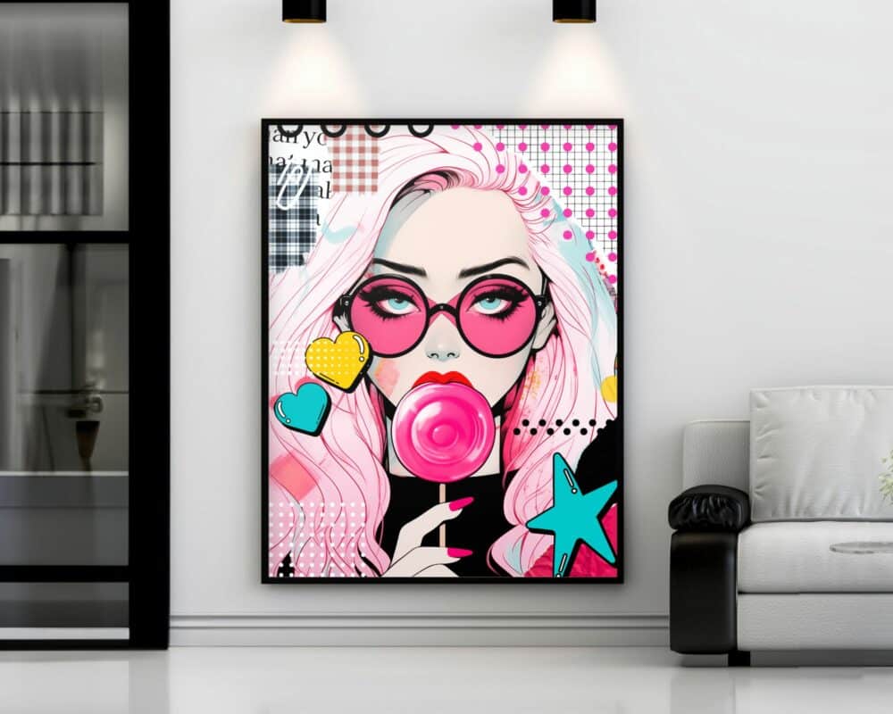 פוסטר פופ ארט ממוסגר בשם "תמונה לחדר נוער נוסח פופ ארט סוכריה בלונדינית בצבע ורוד", המתאר אישה עם שיער ורוד ארוך ומשקפי שמש ורודים בוהקים, מחזיקה סוכרייה ורודה. הרקע מציג דוגמאות תוססות ואלמנטים גרפיים כמו לבבות וכוכב. הכרזה מוצגת בחדר מודרני לצד ספה אפורה.