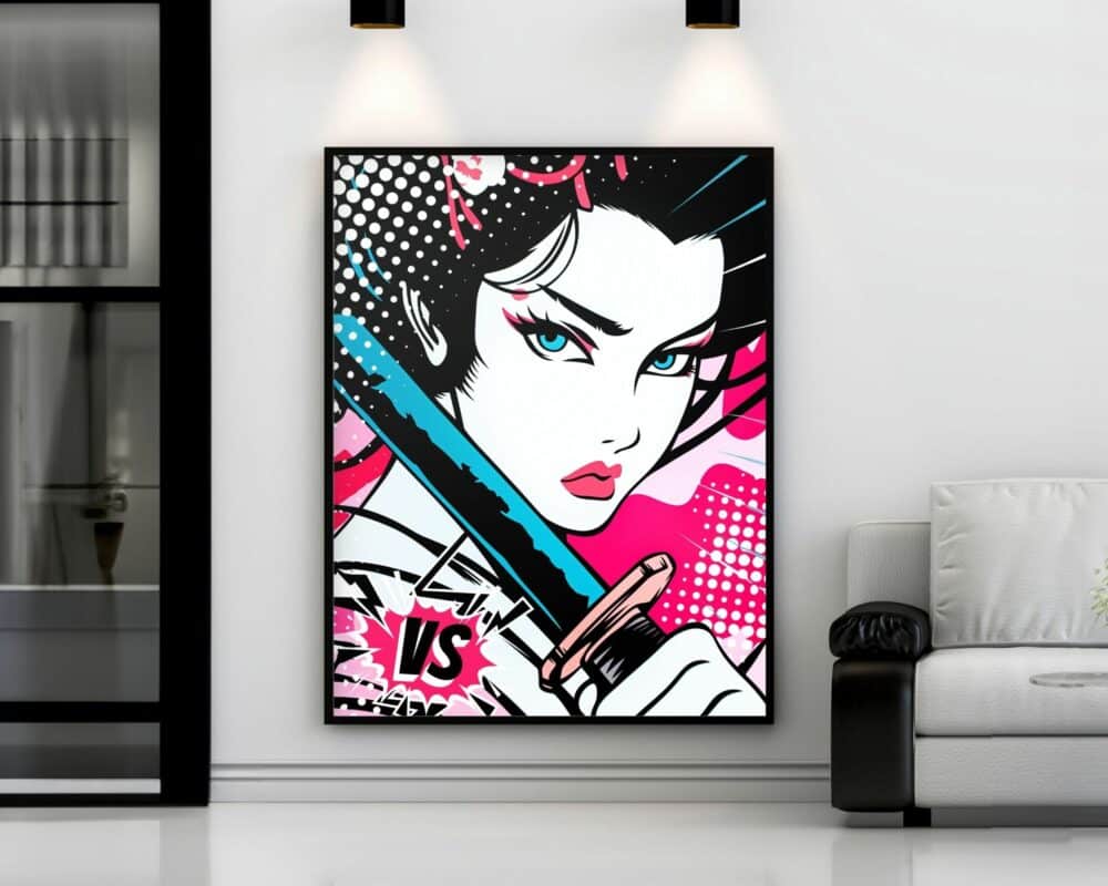 פנים סלון מודרני כולל יצירת אמנות גדולה ממוסגרת בשם "תמונה לסלון פופ ארט לוחמת גיישה עם קטאנה", המתארת לוחמת גיישה אכזרית בסגנון אנימה אוחזת בקטאנה. התמונה התוססת מתהדרת בגוונים נועזים כגון ורוד, כחול ולבן. עיניה האינטנסיביות וההבעה הנחושה של הדמות כובשים. בחלק השמאלי התחתון של הגרפיקה רשום "VS". משלימה את הסצנה היא ספה לבנה עם מבטאים שחורים ותאורת סביבה הממוקמת מעל הגרפיקה.