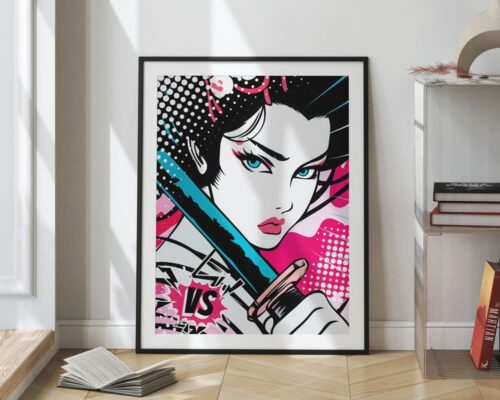 ⁦תמונה לסלון בסגנון פופ ארט לוחמת גיישה עם קטאנה⁩ – תמונה ⁦2⁩