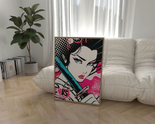 ⁦תמונה לסלון בסגנון פופ ארט לוחמת גיישה עם קטאנה⁩ – תמונה ⁦3⁩