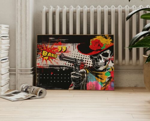 ⁦תמונה לסלון מעל הספה בסגנון פופ ארט גולגולת קאובוי⁩ – תמונה ⁦2⁩