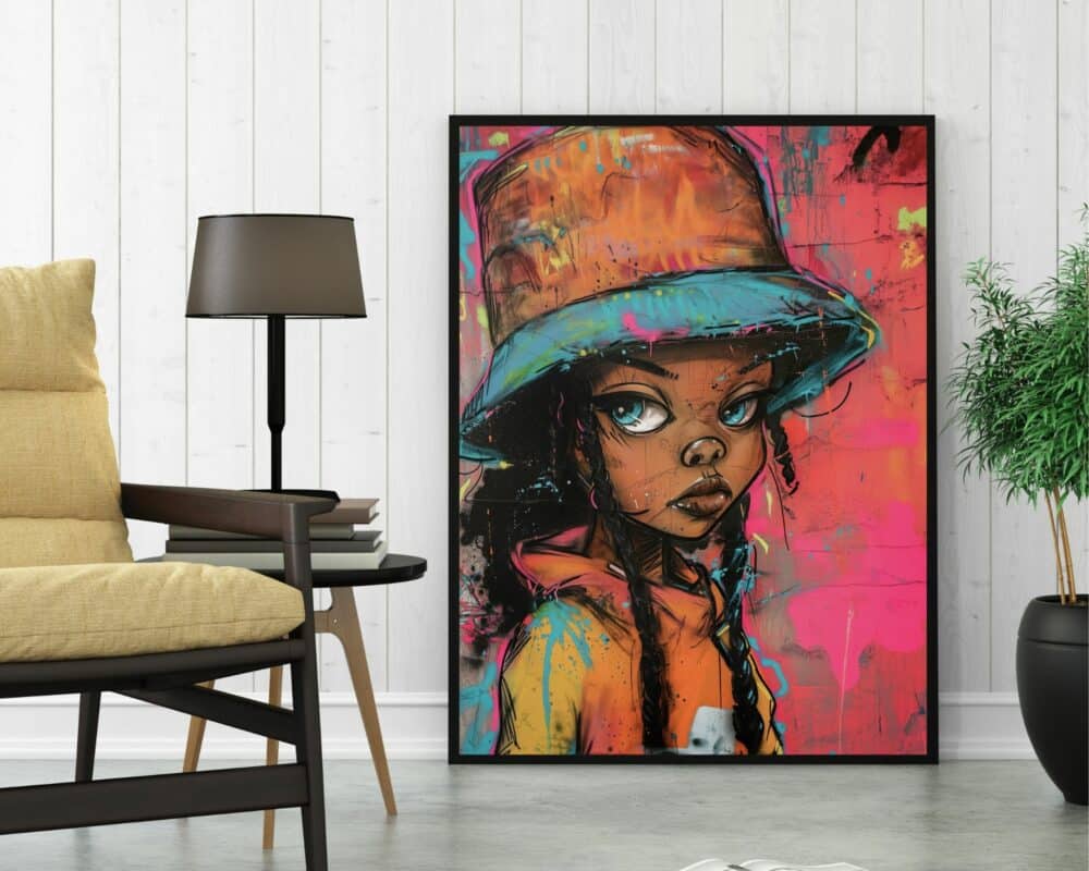 יצירת אמנות תוססת וממוסגרת בשם "תמונה לחדר נוער נוסח גרפיטי ילדה עם כובע טמבל", המתארת אדם עם שיער ארוך חובש כובע דלי צבעוני, מוצגת על הרצפה על רקע קיר עץ לבן. החלל כולל גם כיסא מרופד בז', מנורת רצפה שחורה ועציץ ירוק.