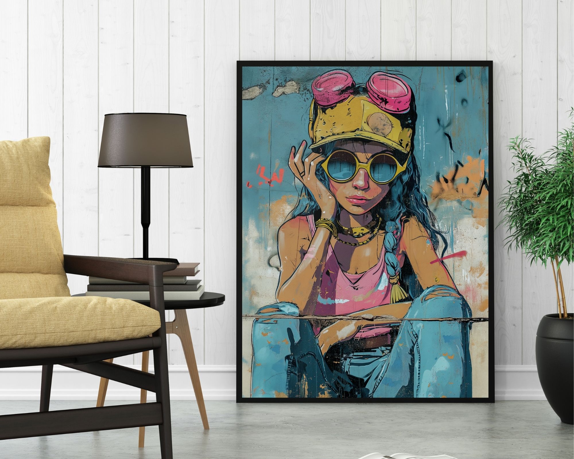 2527mo1 תמונה לחדר נוער של נוסח גרפיטי פורטרט נערה, ובה ילדה חובשת כיפה צהובה, משקפי מגן וחולצה ורודה עם פנים חסרות הבעה כשהיא נשענת על ידה, מוצגת על רקע קיר עץ לבן. הוא ממוקם ליד עציץ, כורסה בצבע בז', ומתחת לאור של מנורת רצפה שחורה. התפאורה יוצרת ניגוד לרצפת הבטון האפורה.