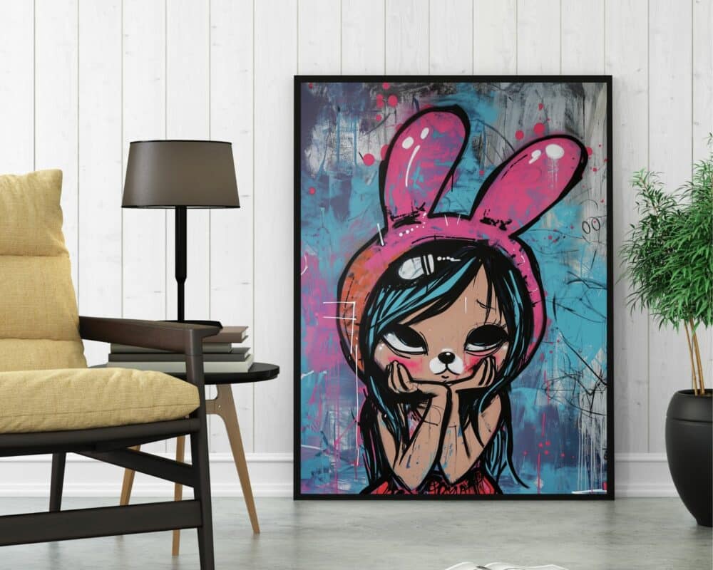 תמונה ממוסגרת לחדר נוער נוסח גרפיטי ילדה עם אוזני ארנב, בה נראית ילדה עם הבעה מתפרצת ועוטה כובע ארנב ורוד, נשענת על קיר עץ לבן צמוד לכיסא צהוב חרדל ולמנורת רצפה שחורה. בצד ימין יש עציץ, בעוד שהיצירה מציגה רקע כחול מופשט.