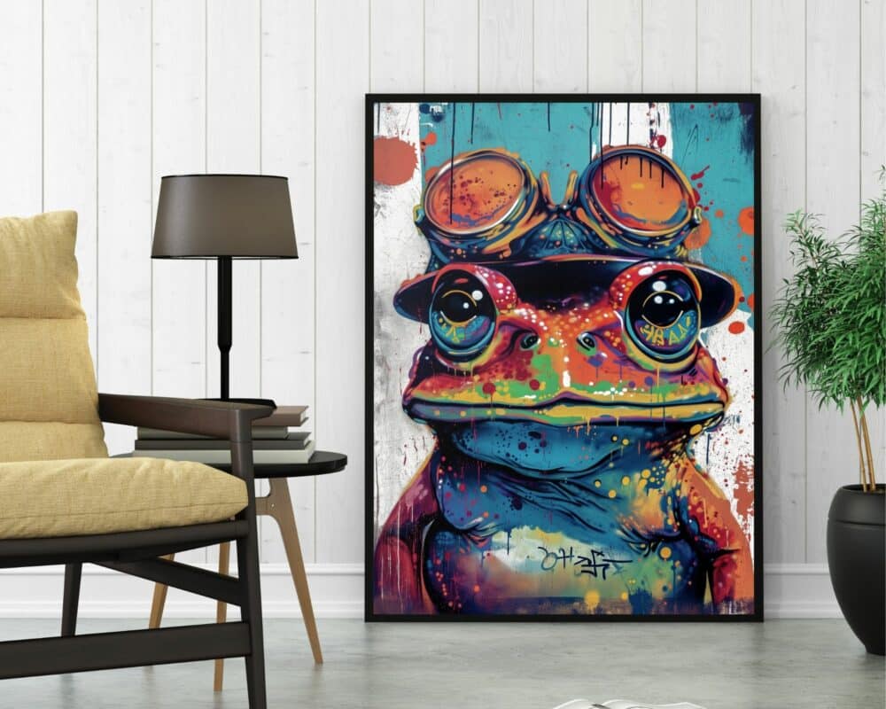 חדר עכשווי כולל תמונה גדולה ותוססת תמונה לחדר נוער נוסח גרפיטי צפרדע טייס, תלויה על קיר עץ לבן. הצפרדע מאוירת בסגנון צבעוני ומופשט עם נתזים בצבעים שונים. החלל כולל כורסת בז', מנורת רצפה שחורה ועציץ.