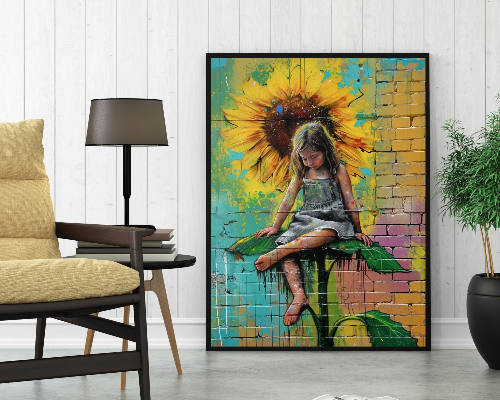 2530mo1 ציור ממוסגר שכותרתו "תמונה לחדר נוער נוסח גרפיטי ילדה יושבת על חמניה", המתאר בחורה צעירה יושבת על עלה ירוק גדול עם חמנייה ברקע, תלוי על קיר עץ לבן. הסצנה כוללת צבעים מרהיבים עם כתמי צהוב וירוק. החדר כולל גם כורסה בצבע בז', מנורה שחורה ועציץ.