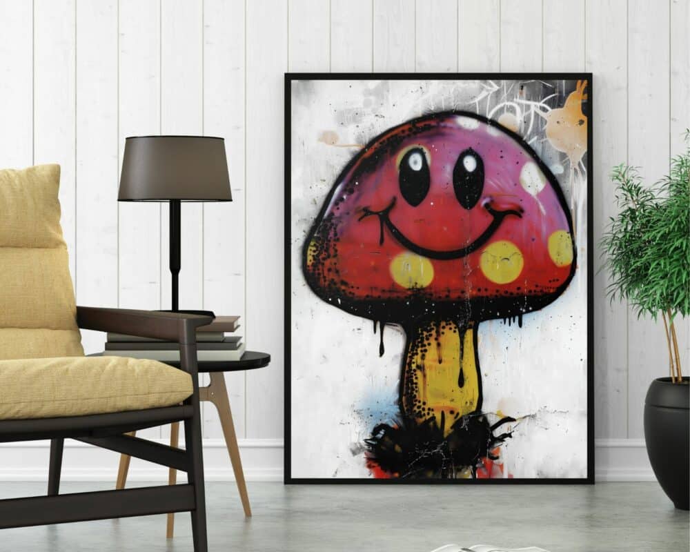 חדר עם כיסא מרופד בז', מנורת רצפה שחורה, עציץ, ויצירת אמנות ממוסגרת תמונה לחדר נוער נוסח גרפיטי פטריה מחייכת הכוללת פטרייה גדולה בעלת פרצוף סמיילי עם צבעים אדומים, צהובים ושחורים על רקע לבן המוצגת על קִיר.