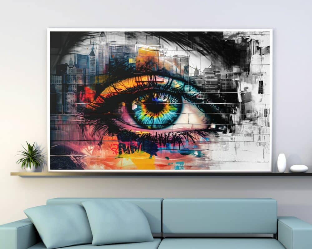 ציור אמנותי תוסס ומודרני שכותרתו "תמונה מעל הספה נוסח גרפיטי עין על רקע עירוני" מציג עין גדולה וצבעונית המונחת על נוף עירוני עם שילוב של דפוסים מופשטים בשחור, לבן וצבעוני. היצירה מוצגת מעל ספה מינימליסטית בצבע תכלת המעוטרת בצמחים קטנים וחפצי נוי לבנים על מדף.