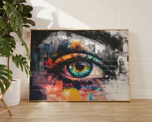 ⁦תמונה מעל הספה בסגנון גרפיטי עין על רקע עירוני⁩ – תמונה ⁦2⁩