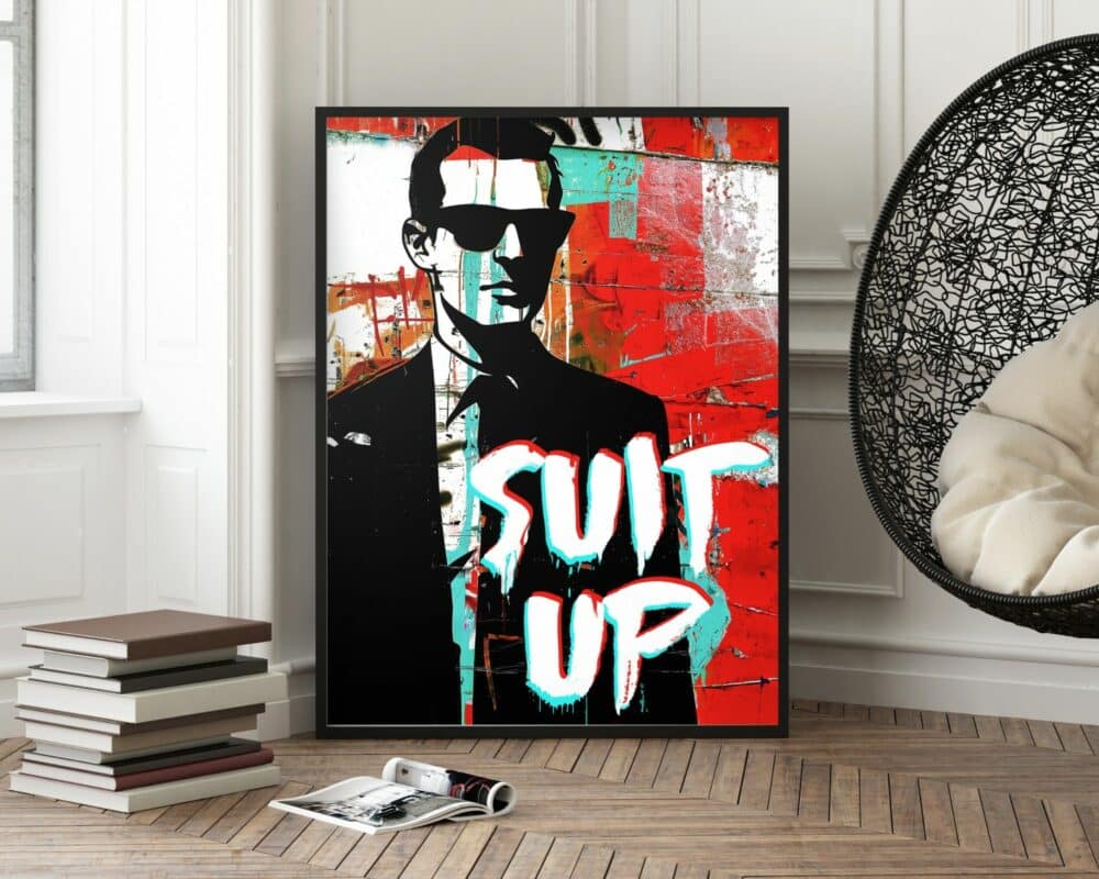 כרזה ממוסגרת בשם "תמונה לחדר נוער בשיטה גרפיטי גברים חור", הכוללת תמונה מסוגננת של גבר בחליפה ומשקפי שמש על רקע תוסס ומופשט של אדום, צהבהב ולבן. הטקסט "SUIT UP" מוצג בצורה בולטת באותיות גדולות ומודגשות. הכרזה נשענת על קיר ליד ערימת ספרים בחדר מודרני ושיקי.