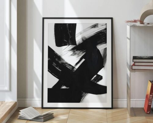 ⁦תמונה למשרד בסגנון אבסטרקט משיכות מכחול רחבות בשחור לבן⁩ – תמונה ⁦2⁩