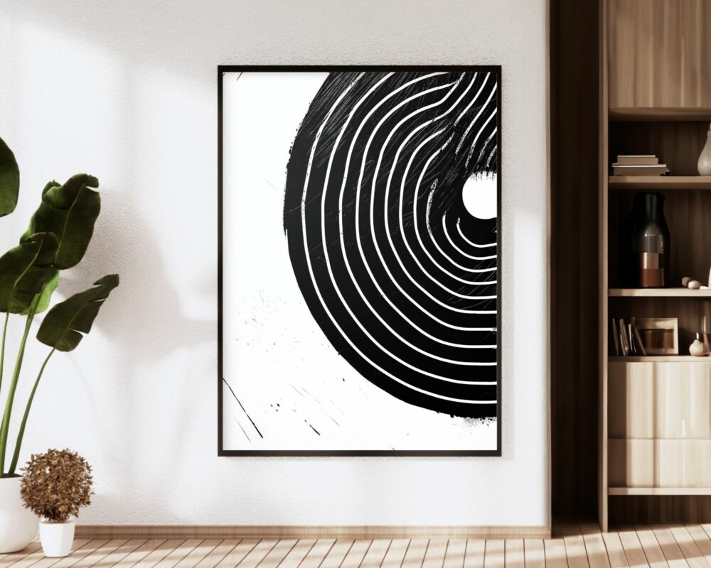 חדר מודרני ומינימליסטי כולל יצירות אמנות מופשטות ממוסגרות "תמונה למשרד בעיצוב מינימליסטי עיגול שחור עם קווים לבנים" על הקיר. היצירה מורכבת מעיגולים קונצנטריים עם מרקם מחוספס. צמח גבוה ניצב משמאל, ומימין מדף עץ עם פריטי נוי.