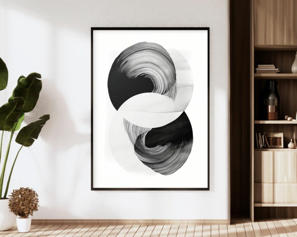 חדר מינימליסטי כולל יצירת אמנות מופשטת גדולה בשם "תמונה למשרד בעיצוב מינימליסטי עיגולי יין ויאנג בשחור לבן" עם דוגמאות שחורות ולבנות מסתחררות, ממוסגרות ותלויות על קיר לבן. משמאל צמח ירוק גבוה בעציץ לבן. מימין מדף עץ עם פריטי נוי שונים.