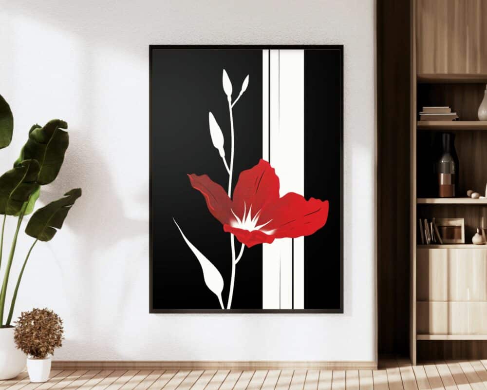 סלון מודרני מציג את "תמונה למשרד בעיצוב מינימליסטי פרח אדום על רקע שחור", ציור ממוסגר של פרח אדום על רקע שחור. היצירה מותקנת על קיר לבן, בליווי עציץ גדול ויחידת מדף מעץ מלאת פריטי נוי.
