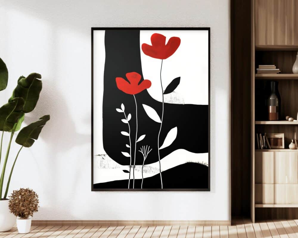 יצירת אמנות משרדית מינימליסטית הכוללת שתי כלניות אדומות עם גבעולים לבנים בולטת על רקע מופשט בשחור-לבן. היצירה הממוסגרת, שכותרתה "תמונה למשרד בעיצוב מינימליסטי כלניות אדומות רקע שחור לבן", מוצגת על קיר בחדר מודרני, משלימה עציץ משמאל ומדפי עץ מימין.