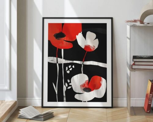 ⁦תמונה למשרד בעיצוב מינימליסטי כלניות אדומות ולבנות רקע שחור⁩ – תמונה ⁦2⁩