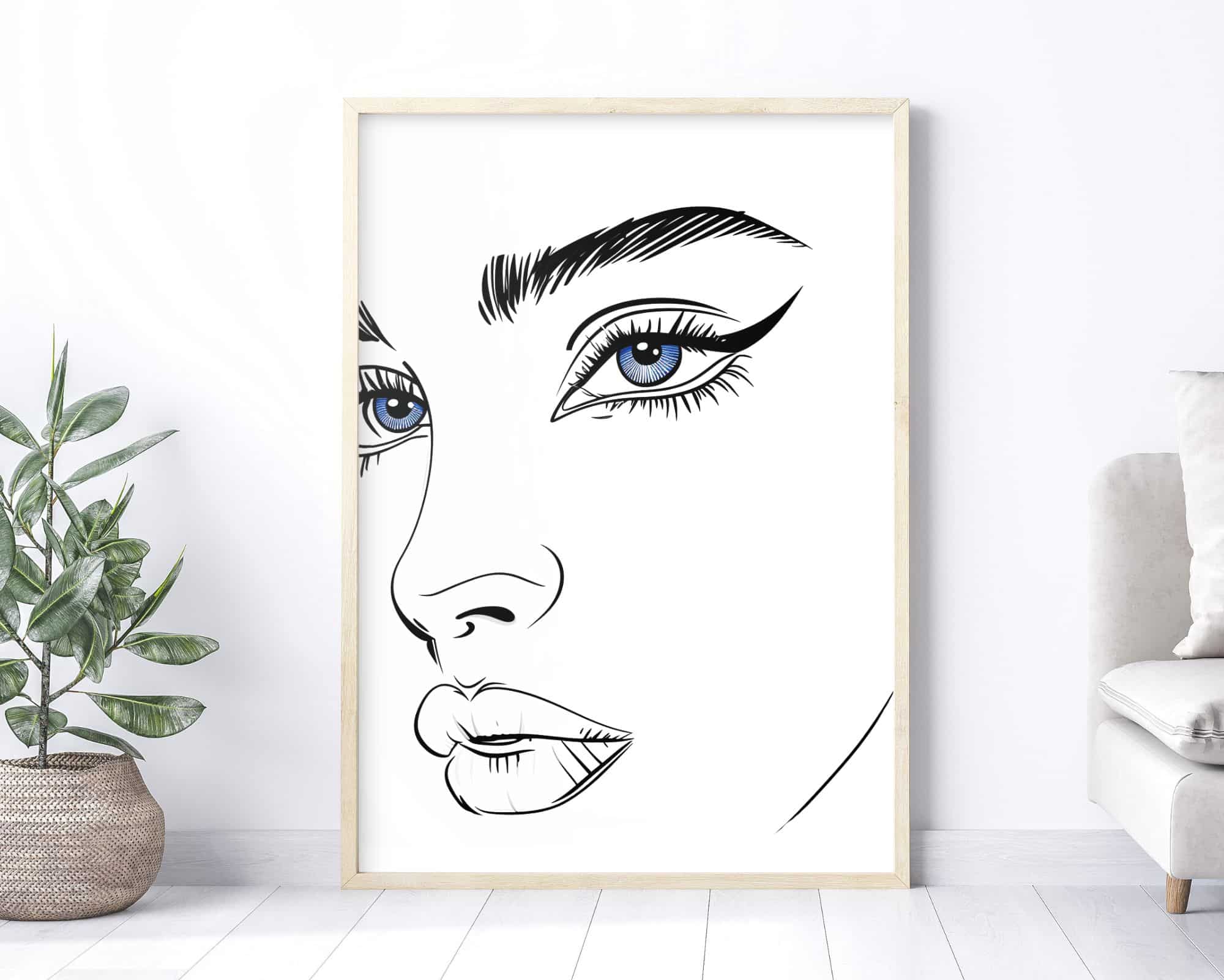 2564mo1 תמונה לחדר שינה בעיצוב מינימליסטי אישה עם עיניים כחולות מושענת על קיר לבן, משלימה בצורה מושלמת את העציץ הירוק הסמוך וספה בז', וכתוצאה מכך סביבה מודרנית ושלווה פנימית.