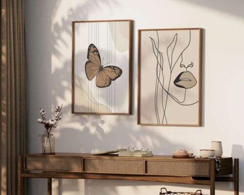 ⁦תמונה לחדר שינה בעיצוב מינימליסטי פרפר על רקע בז'⁩ – תמונה ⁦4⁩